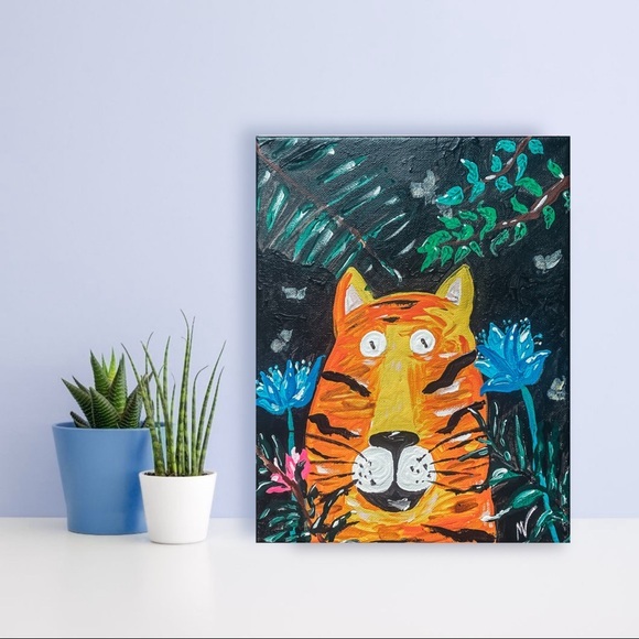 Tiger Painting Wild Original Art Black Canvas Artwork Jungle African Painting - Picture 10 of 12